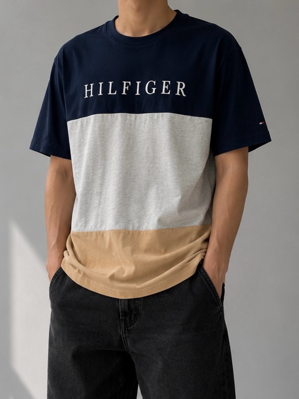 Tommy Hilfiger Navy, Gray & Tan Colorblock Crewneck Tee